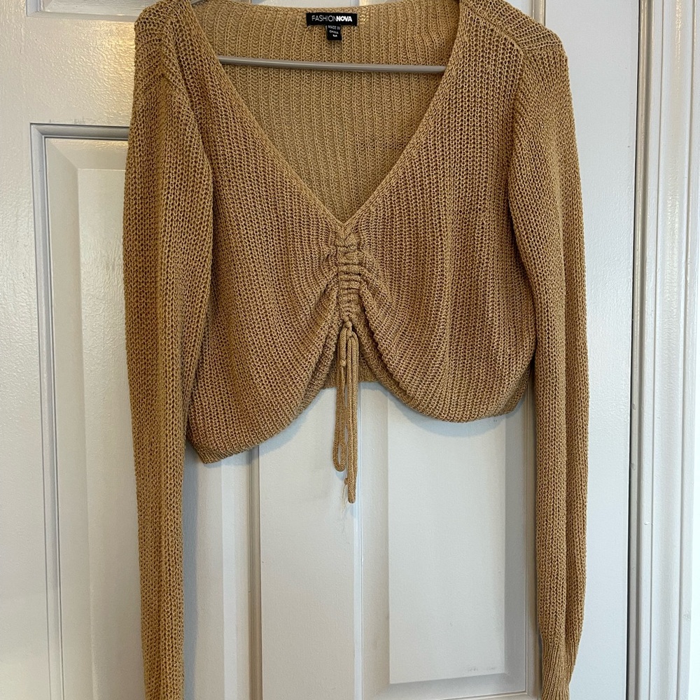 Fashion Nova Camel Knit Sweater with Front Tie